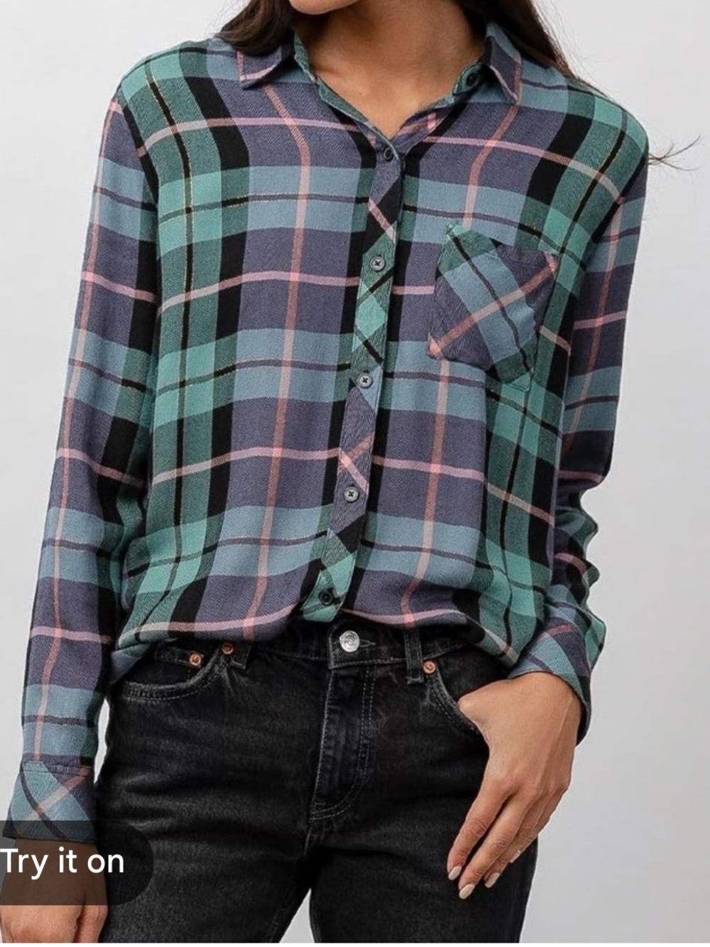 Rails Hunter Teal Green Pink Plaid Button Down Shirt Metallic Collared